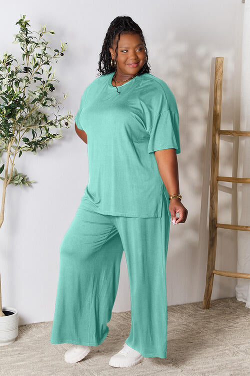 Double Take Full Size Round Neck Slit Top and Pants Set - Concordia Style Boutique