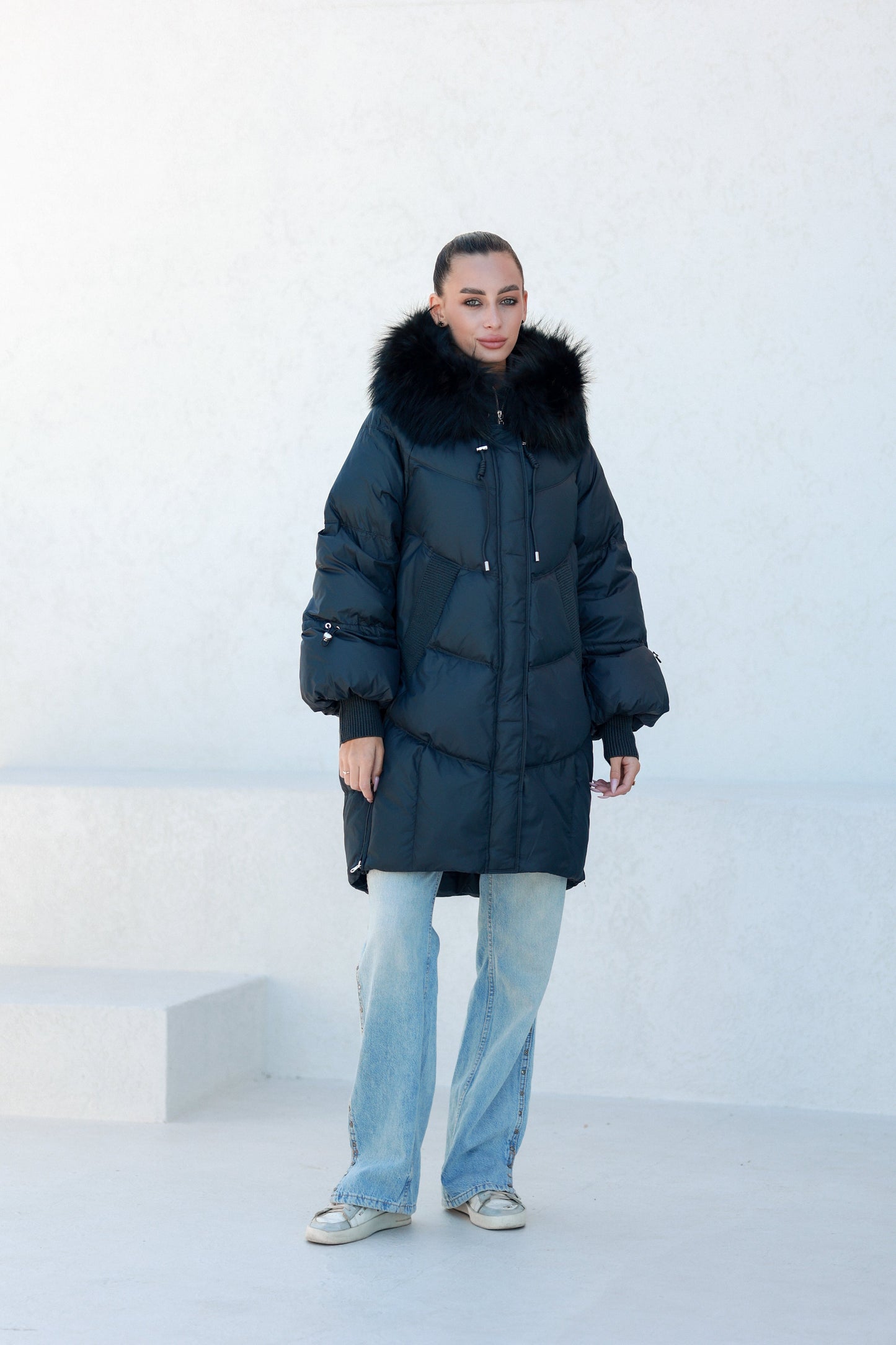 Celeste Genuine Fur Trim Down Fill Coat in Black