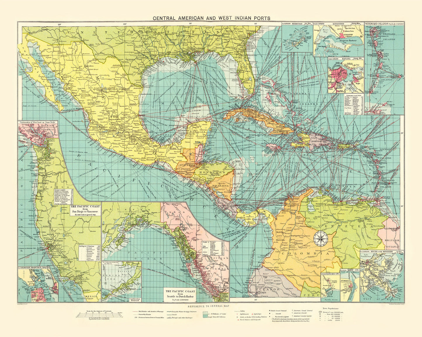 Vintage Map of Central American & West Indies Ports, 1922