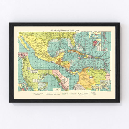 Vintage Map of Central American & West Indies Ports, 1922