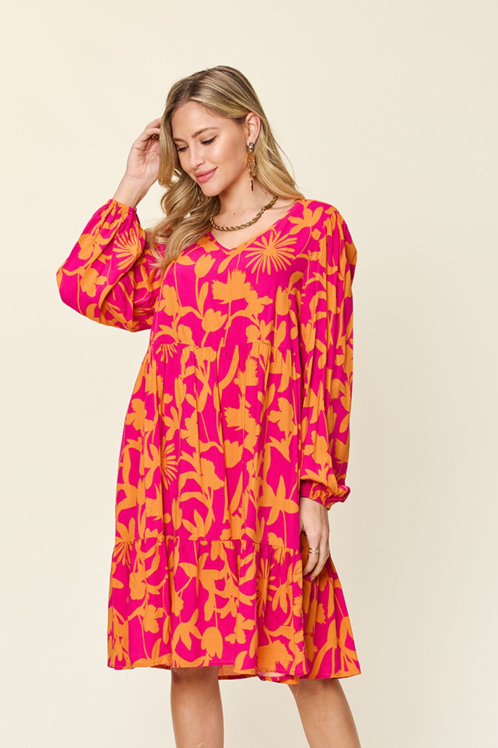 Double Take Full Size Printed Ruffle Hem Long Sleeve Dress - Concordia Style Boutique