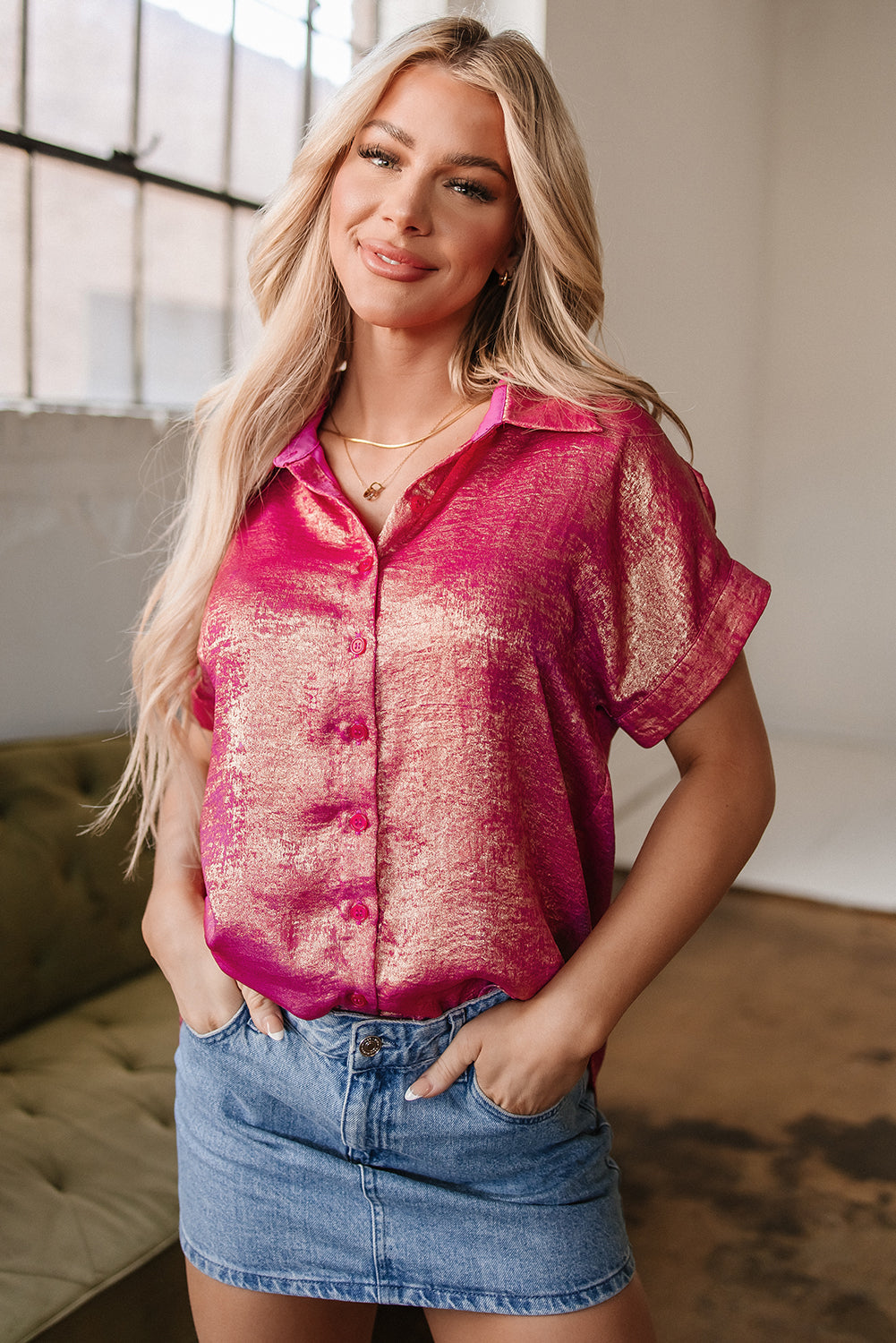 Amoura Metallic Sheen Buttoned Top - Concordia Style Boutique