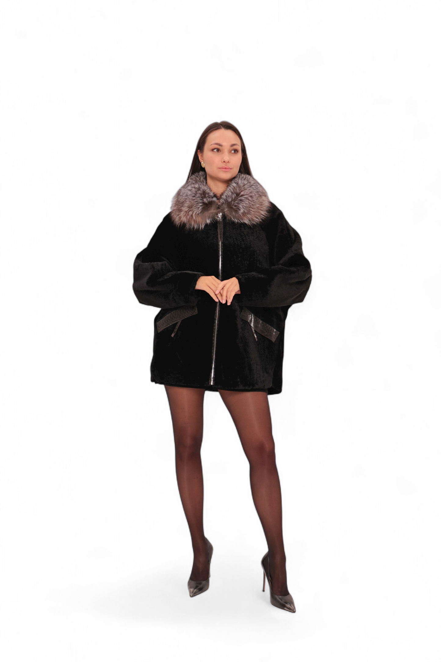 Palermo Genuine Astrakhan Silver Fox Trim Coat