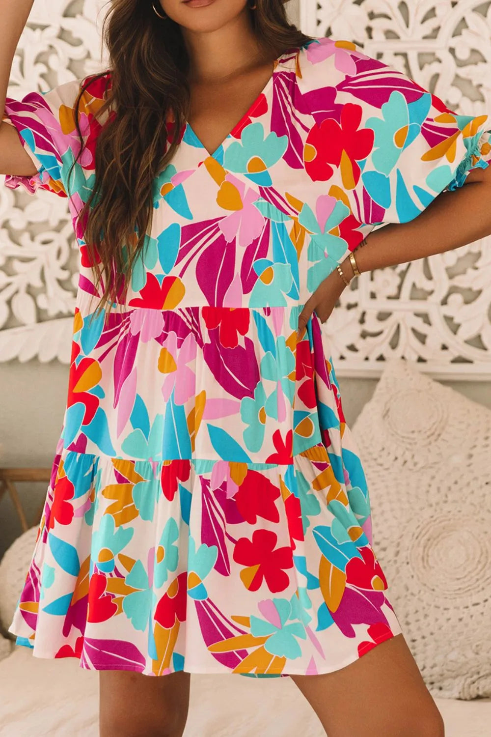 Floral Bubble Sleeve V Neck Tiered Ruffle Babydoll Dress - Concordia Style Boutique