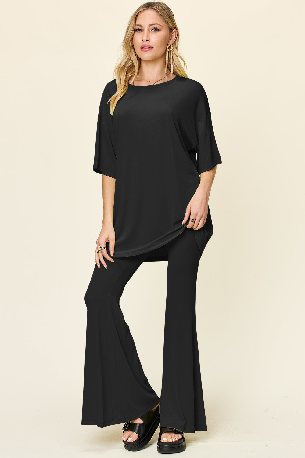 Double Take Full Size Round Neck Drop Shoulder T-Shirt and Flare Pants Set - Concordia Style Boutique