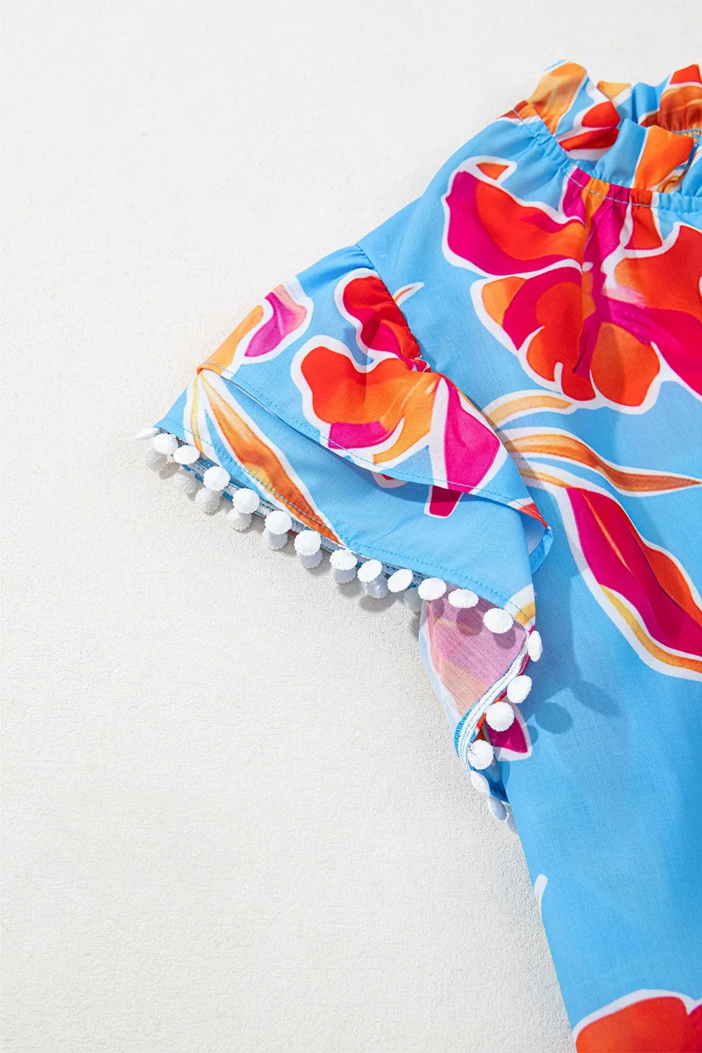 Floral Print Notched Pompom Trim Flutter Sleeve Blouse - Concordia Style Boutique