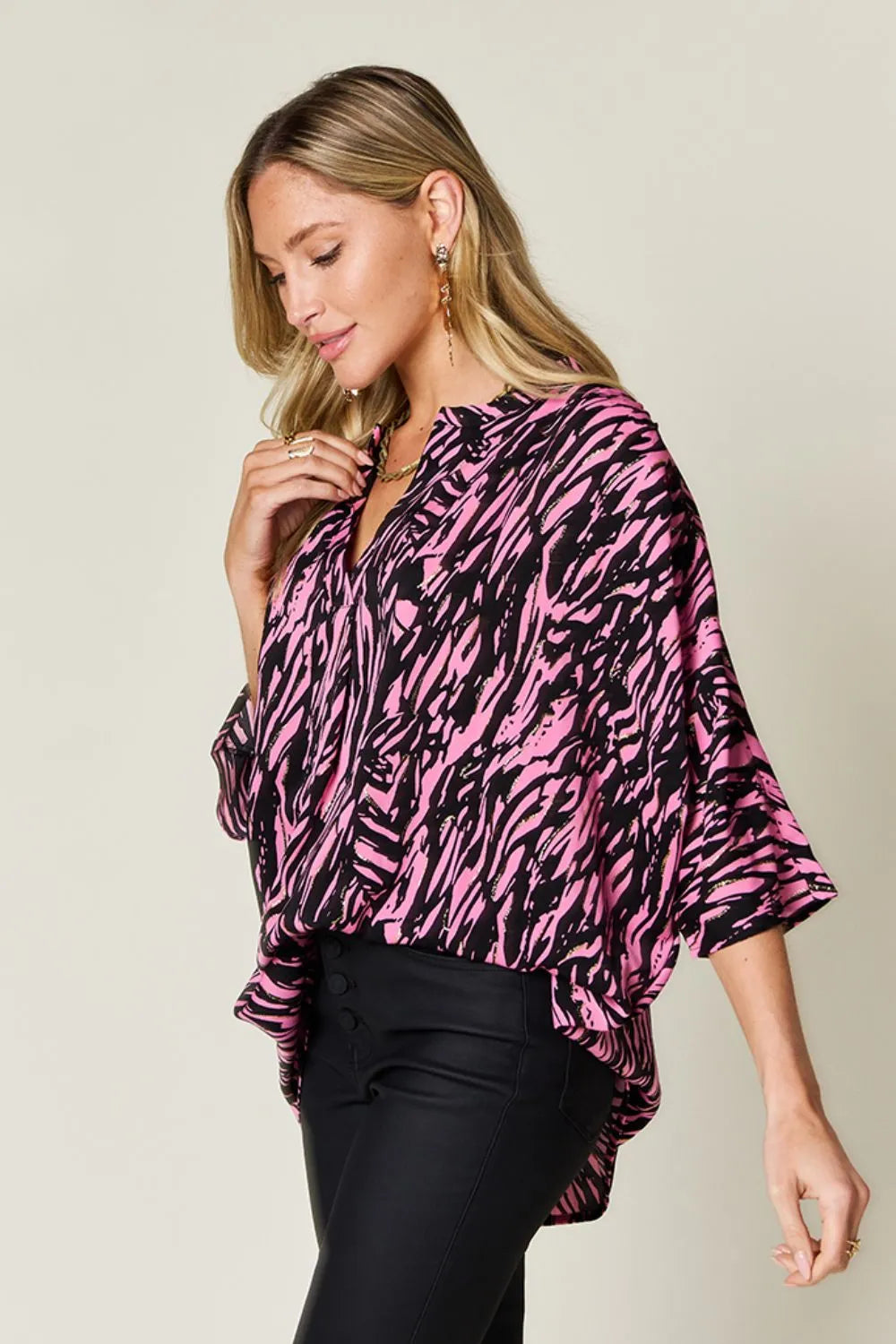 Double Take Full Size Printed Notched Three-Quarter Sleeve Blouse - Concordia Style Boutique