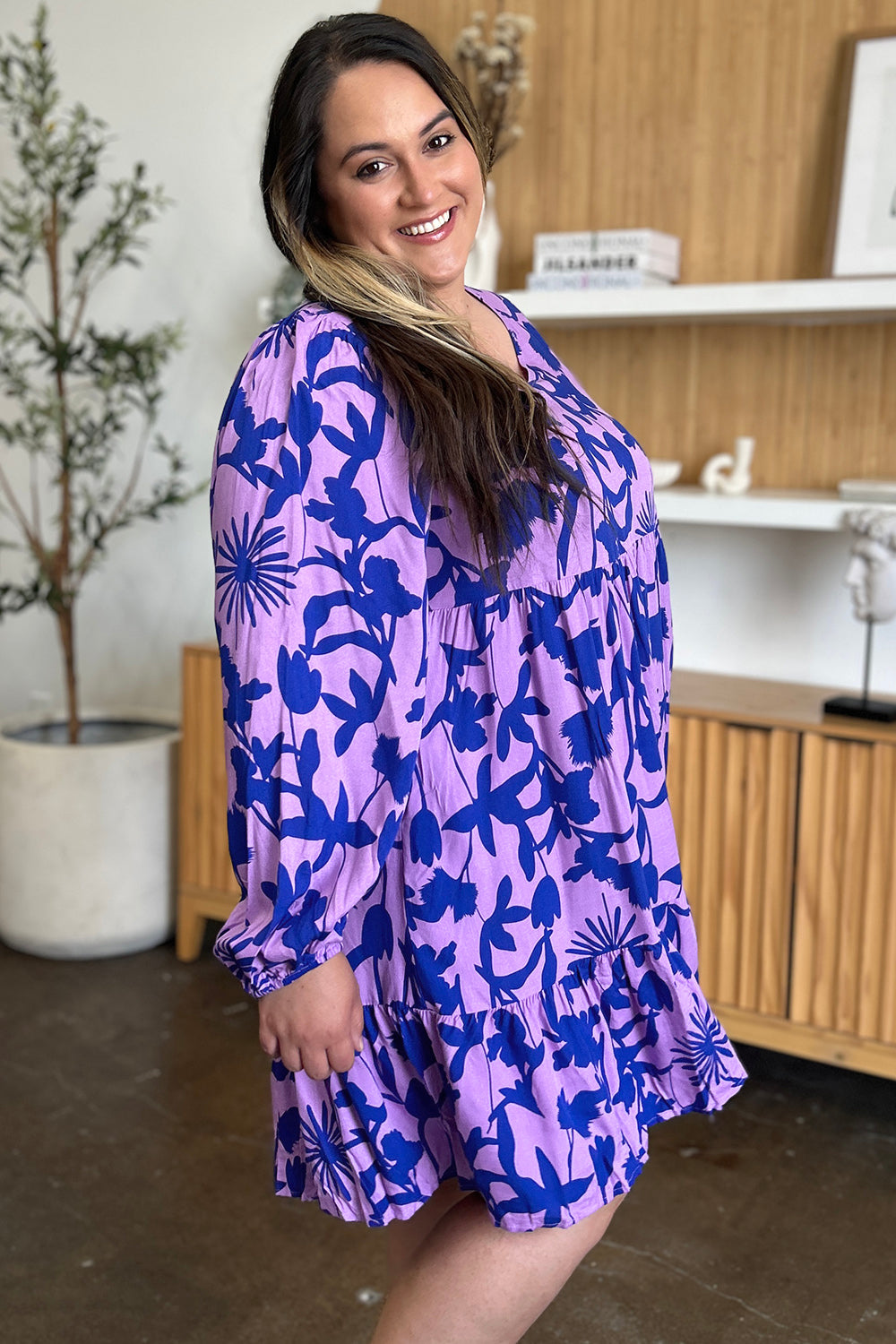 Double Take Full Size Printed Ruffle Hem Long Sleeve Dress - Concordia Style Boutique