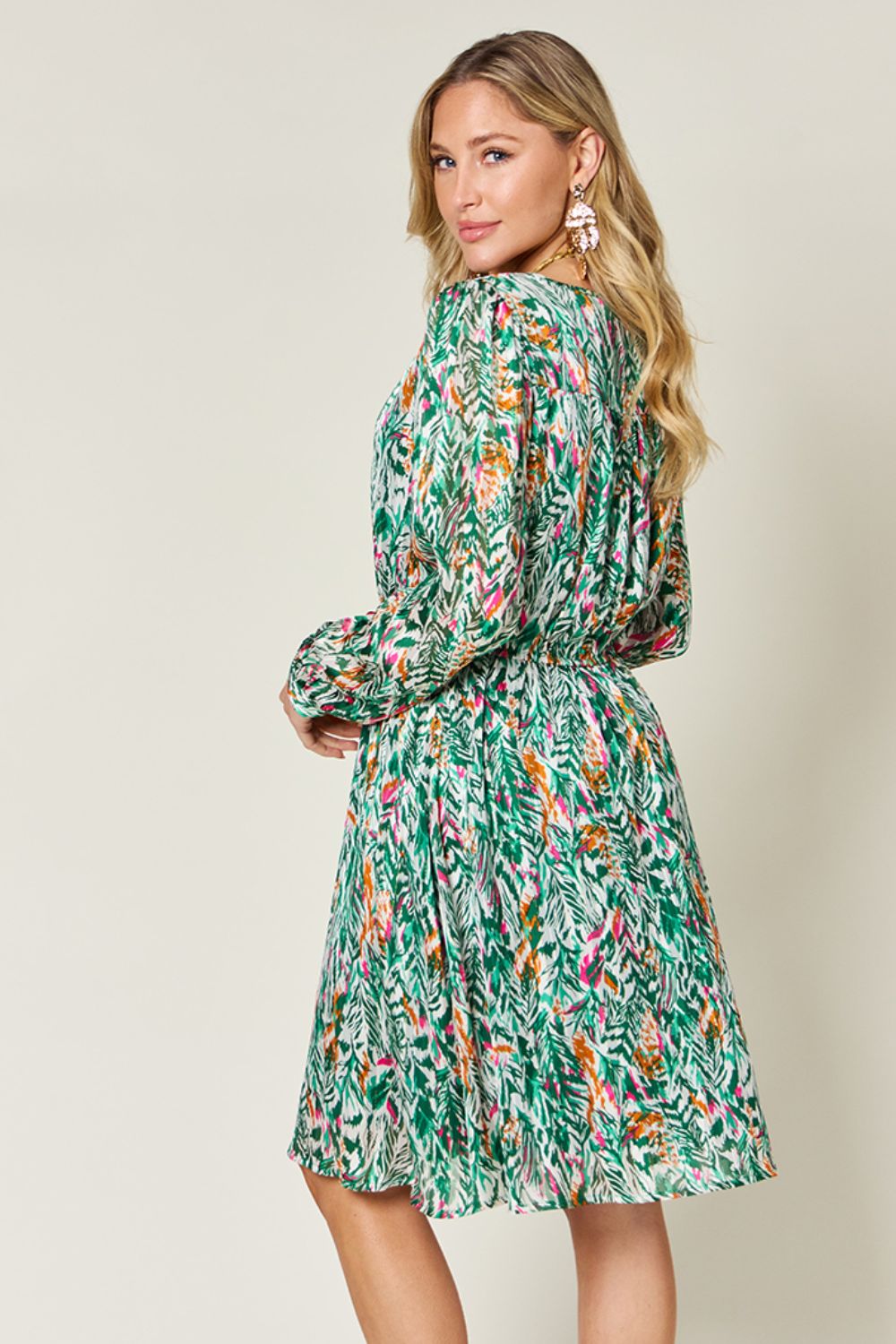 Double Take Full Size Printed Drawstring Waist Long Sleeve Dress - Concordia Style Boutique