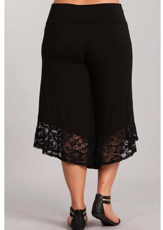 Black Lace Hem Gaucho Style Pants Made in USA - Plus Size - Concordia Style Boutique