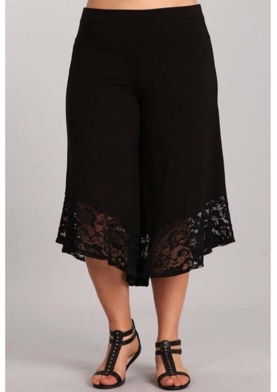 Black Lace Hem Gaucho Style Pants Made in USA - Plus Size - Concordia Style Boutique