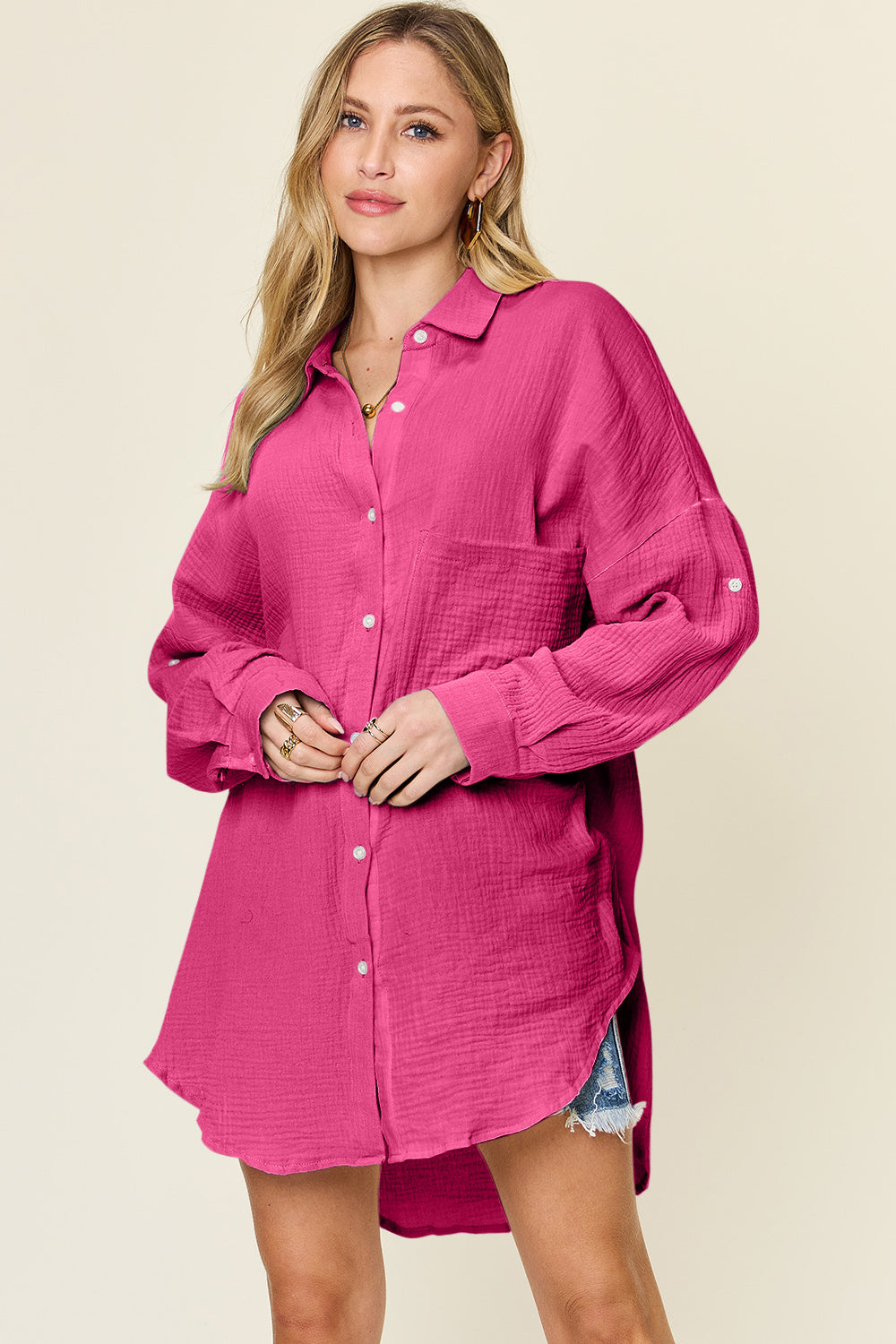 Double Take Full Size Pocketed Texture Button Up Shirt - Concordia Style Boutique