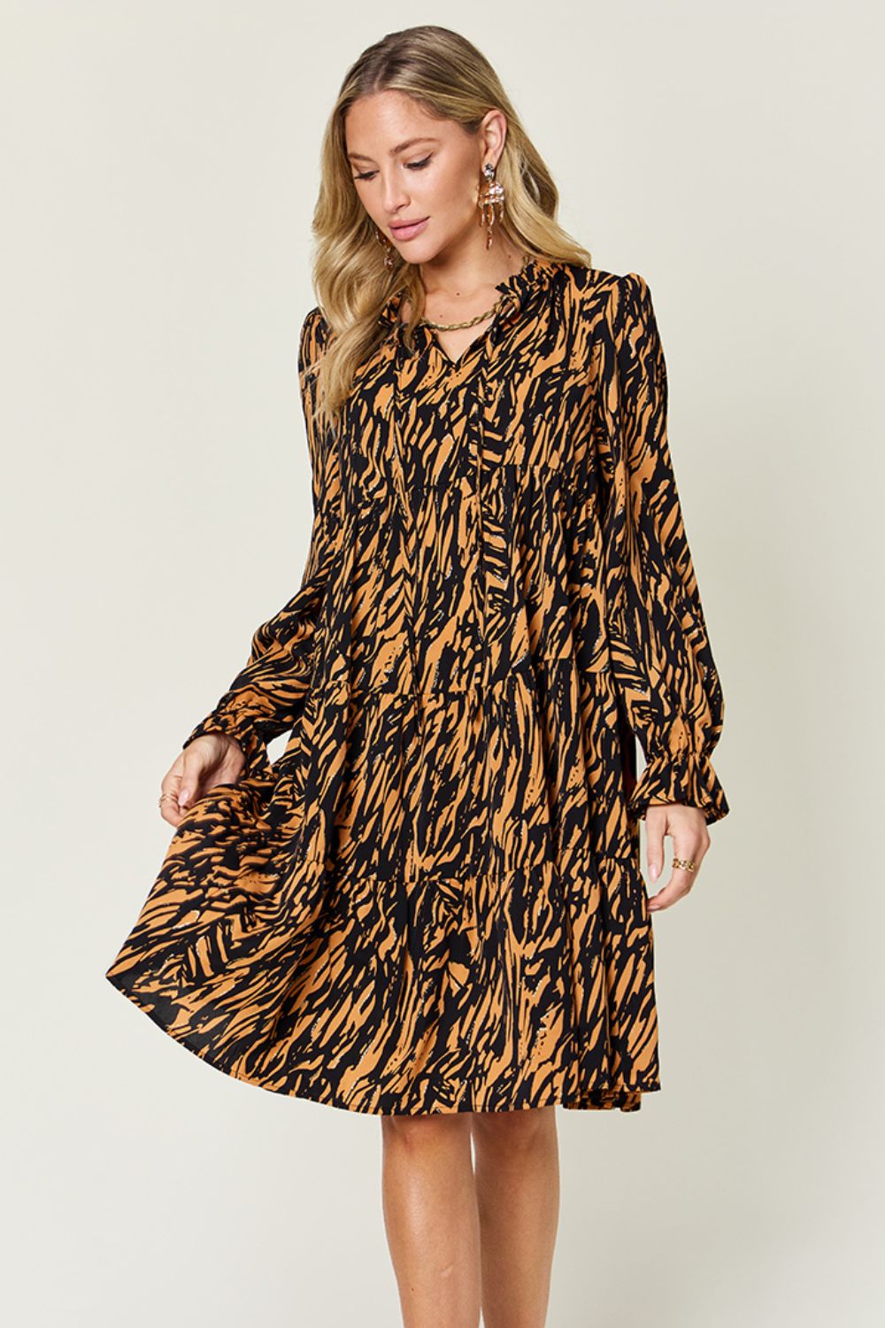 Double Take Full Size Printed Ruffle Hem Long Sleeve Dress - Concordia Style Boutique