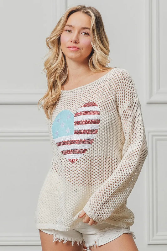 BiBi Sequin American Flag Heart Knit Cover Up