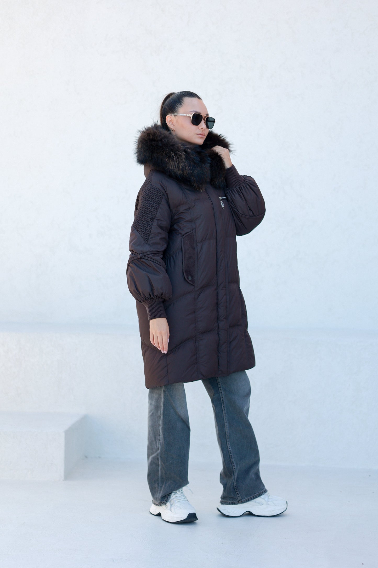 Dakota Genuine Fur Trim Down Fill Coat in Chocolate