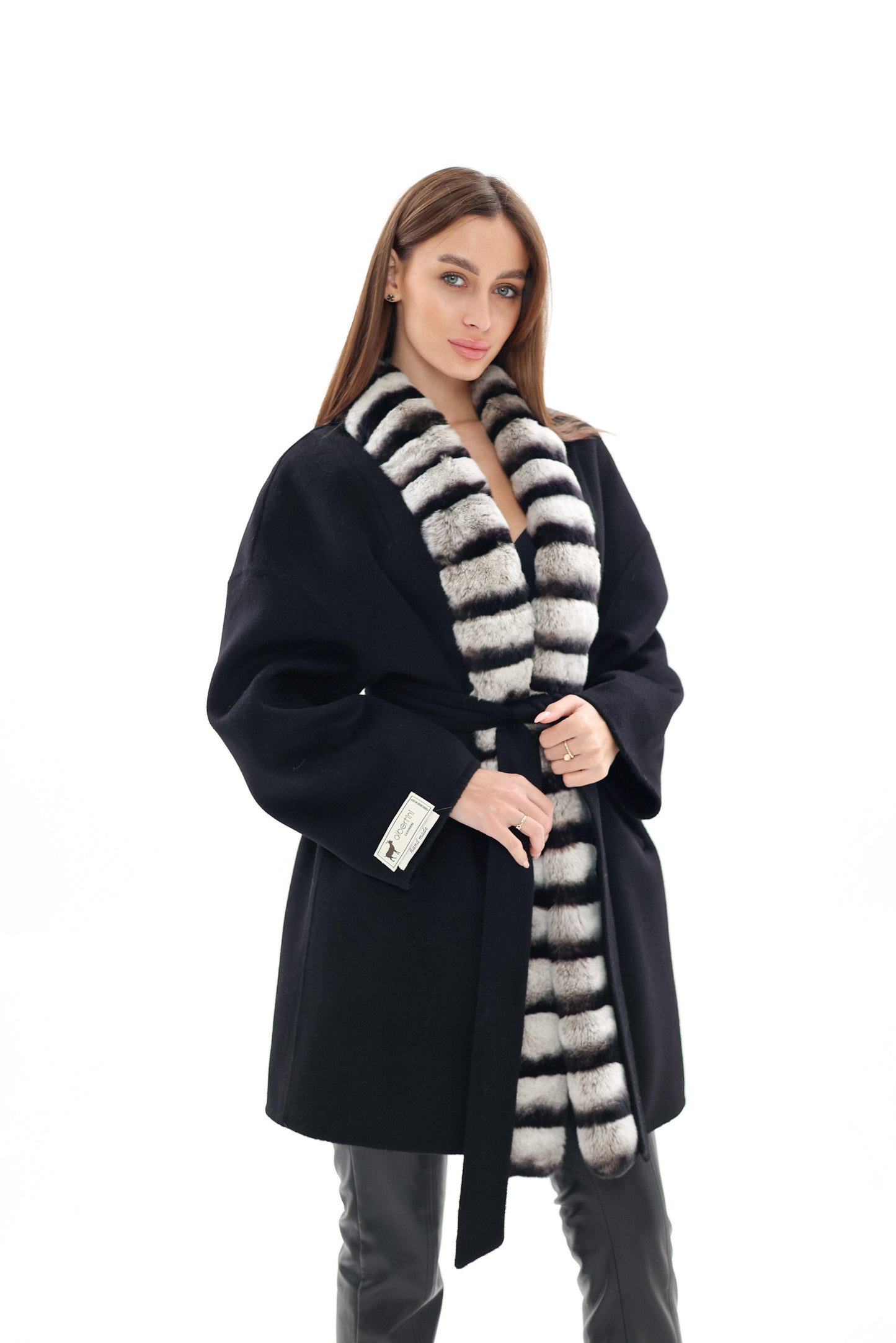 Genuine  French Orylag Fur Italian Cashmere Wool Coat 85cm