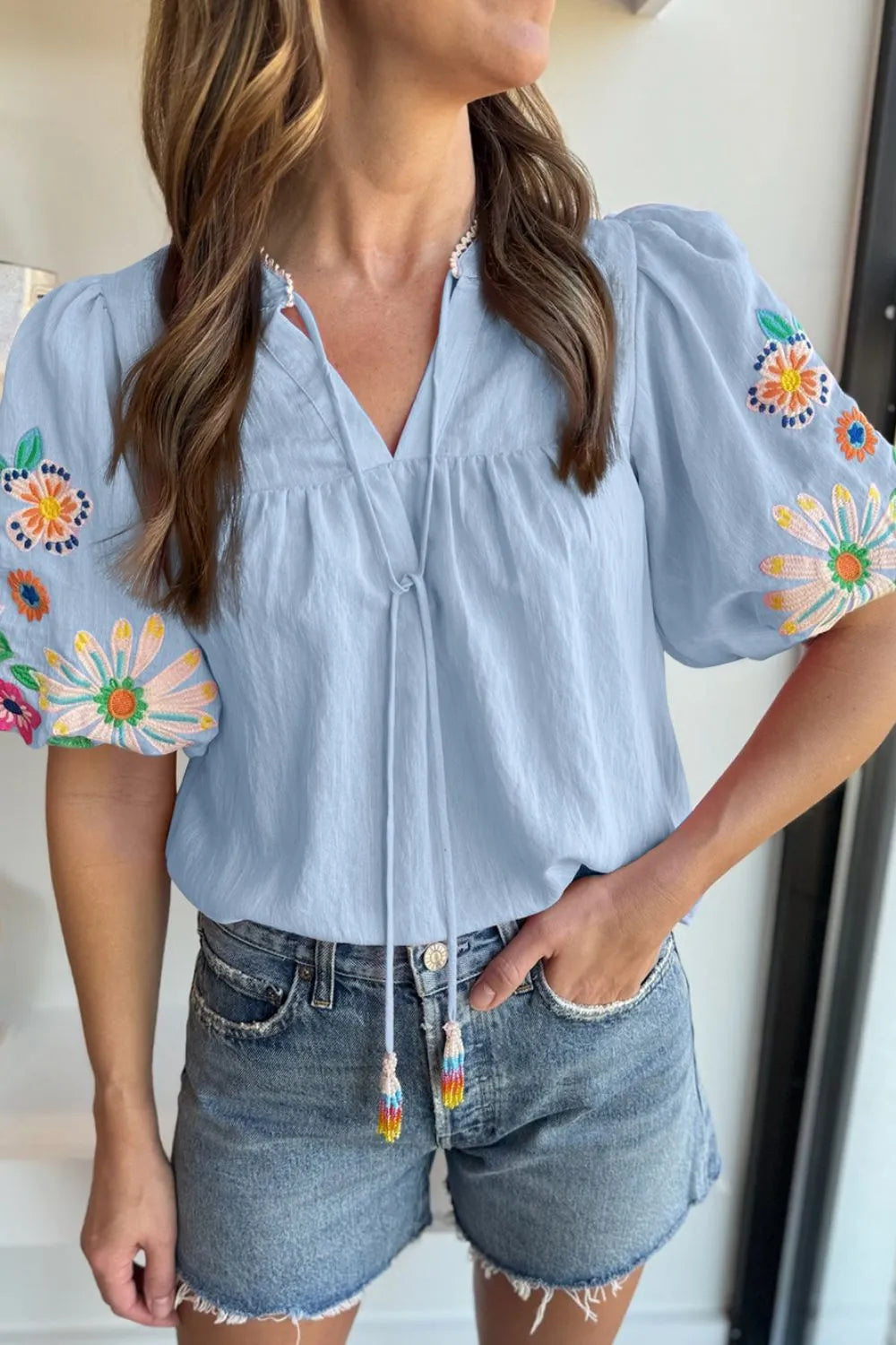 Embroidered Tie Neck Short Sleeve Blouse - Concordia Style Boutique