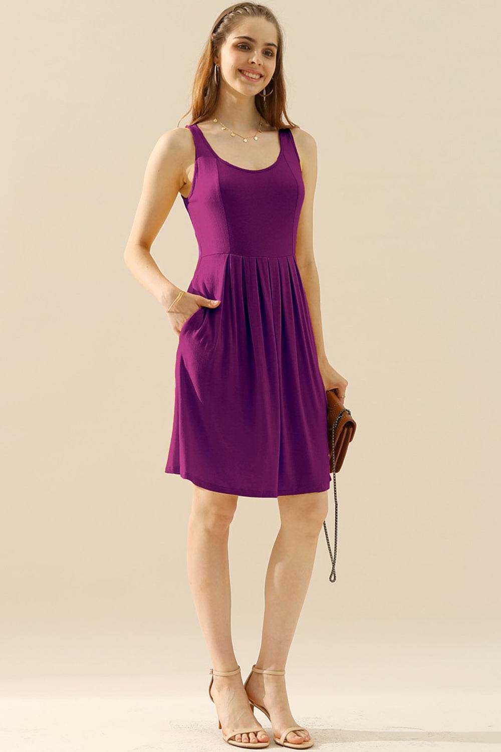 Doublju Full Size Round Neck Ruched Sleeveless Dress with Pockets - Concordia Style Boutique