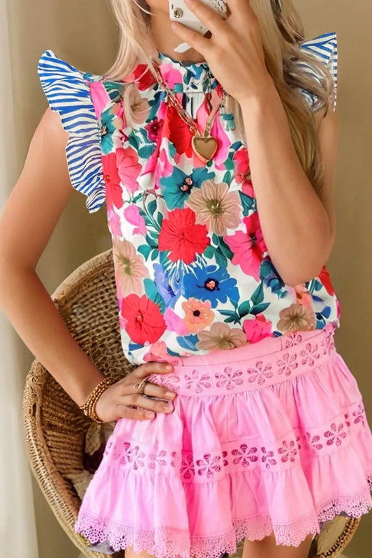 Floral Mock Neck Striped Cap Sleeve Blouse - Concordia Style Boutique