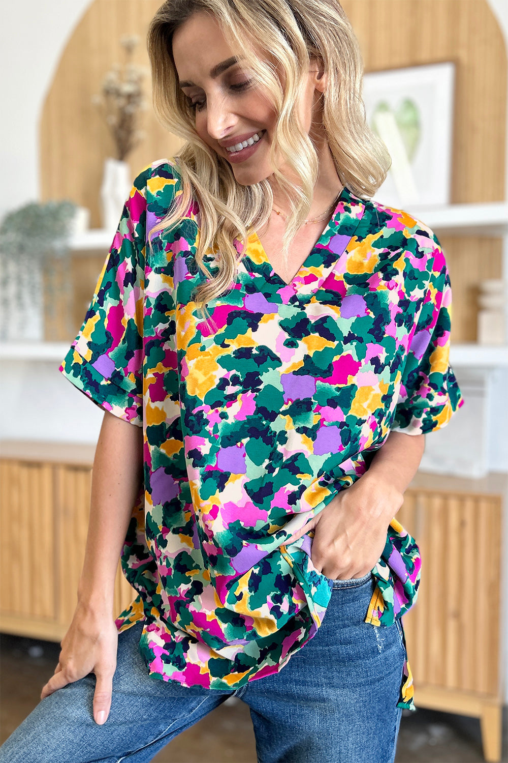 Double Take Full Size Printed V-Neck Short Sleeve Blouse - Concordia Style Boutique