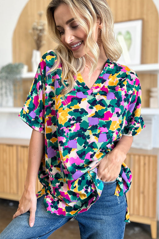 Double Take Full Size Printed V-Neck Short Sleeve Blouse - Concordia Style Boutique