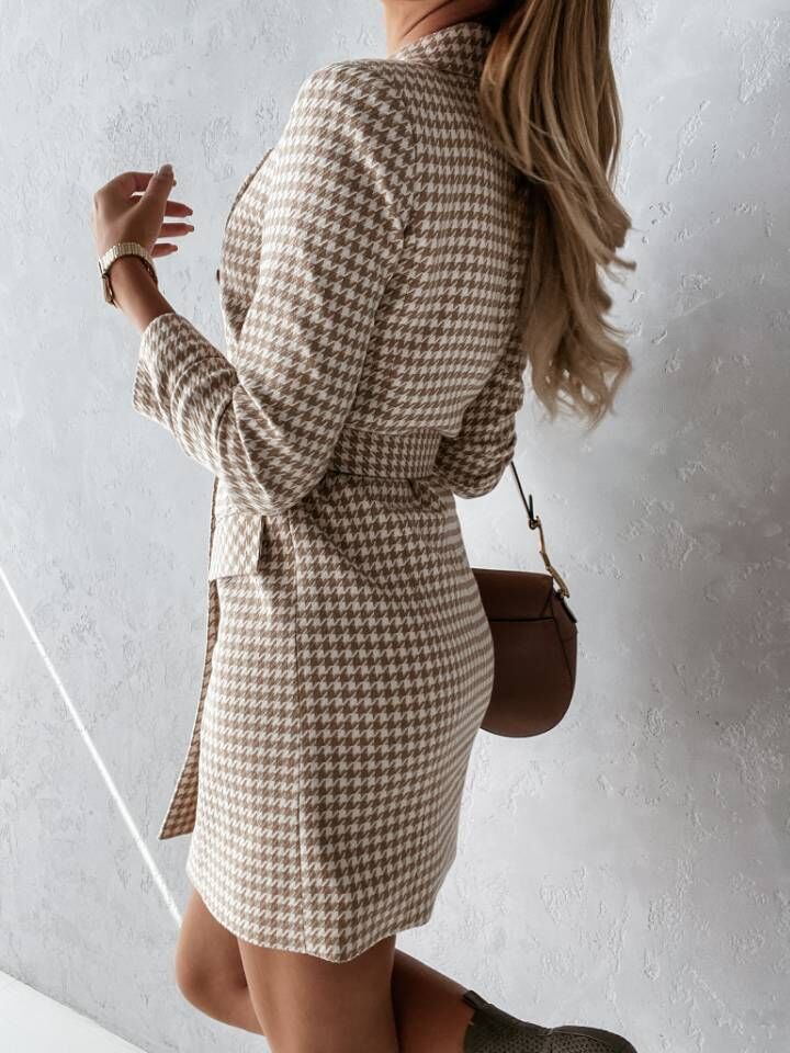 Plaid Suit Dress With Long Sleeves And Belt