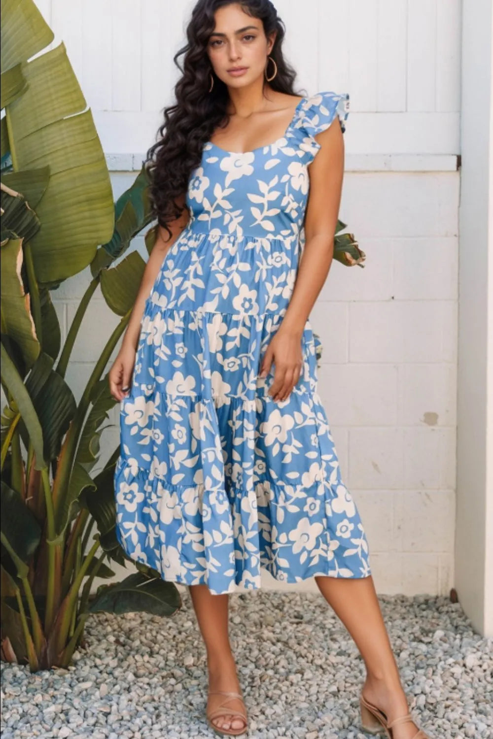 Floral Flutter Shoulder Tiered Flowy Midi Dress - Concordia Style Boutique