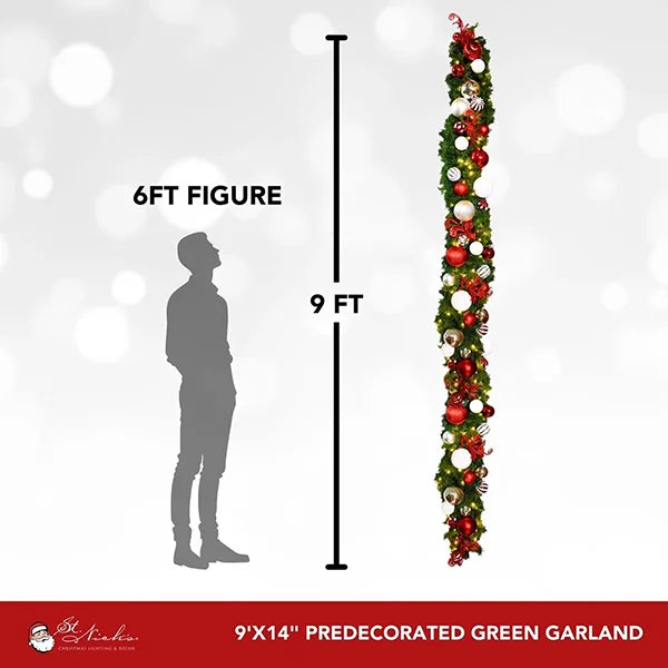 9'x14" Pre-Decorated Garland with Warm White Lights Red/White/Silver