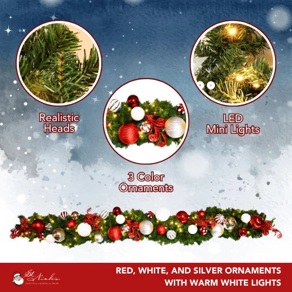 9'x14" Pre-Decorated Garland with Warm White Lights Red/White/Silver