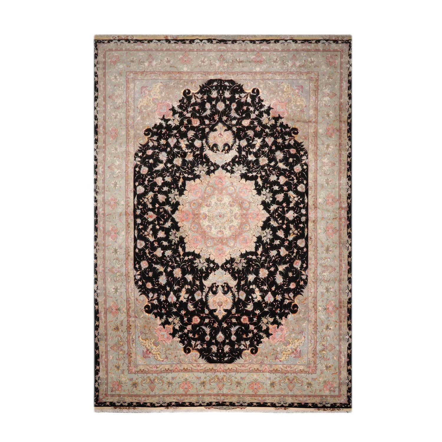 11' 6''x16' 10'' Palace Hand Knotted Wool and Silk Tabriz Traditional 400 KPSI Oriental Area Rug Black, Aqua Color - Concordia Style Boutique