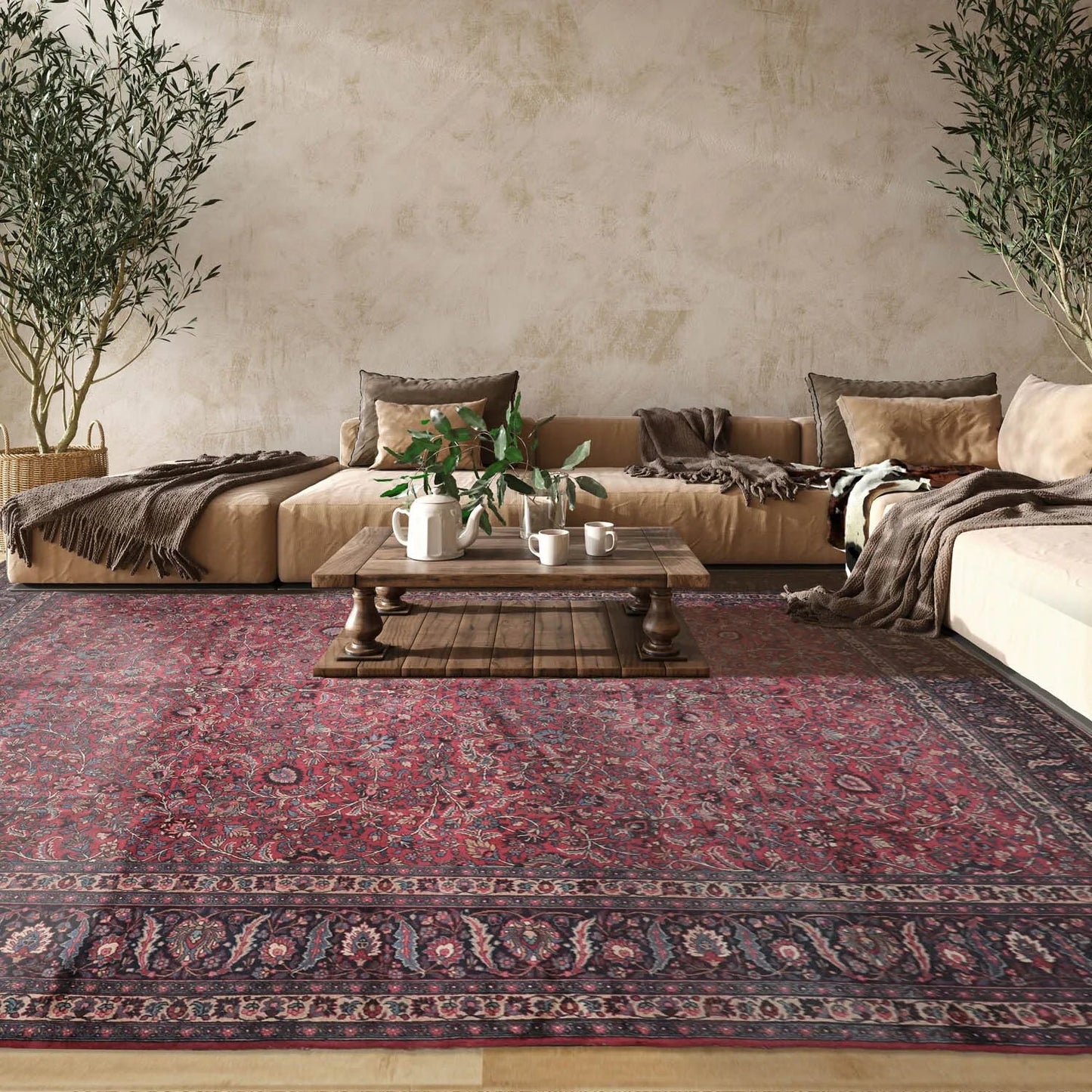 12' 4''x16' 7'' Palace Burgundy, Midnight Blue Hand Knotted 100% Wool Mashad Traditional Oriental Area Rug - Concordia Style Boutique