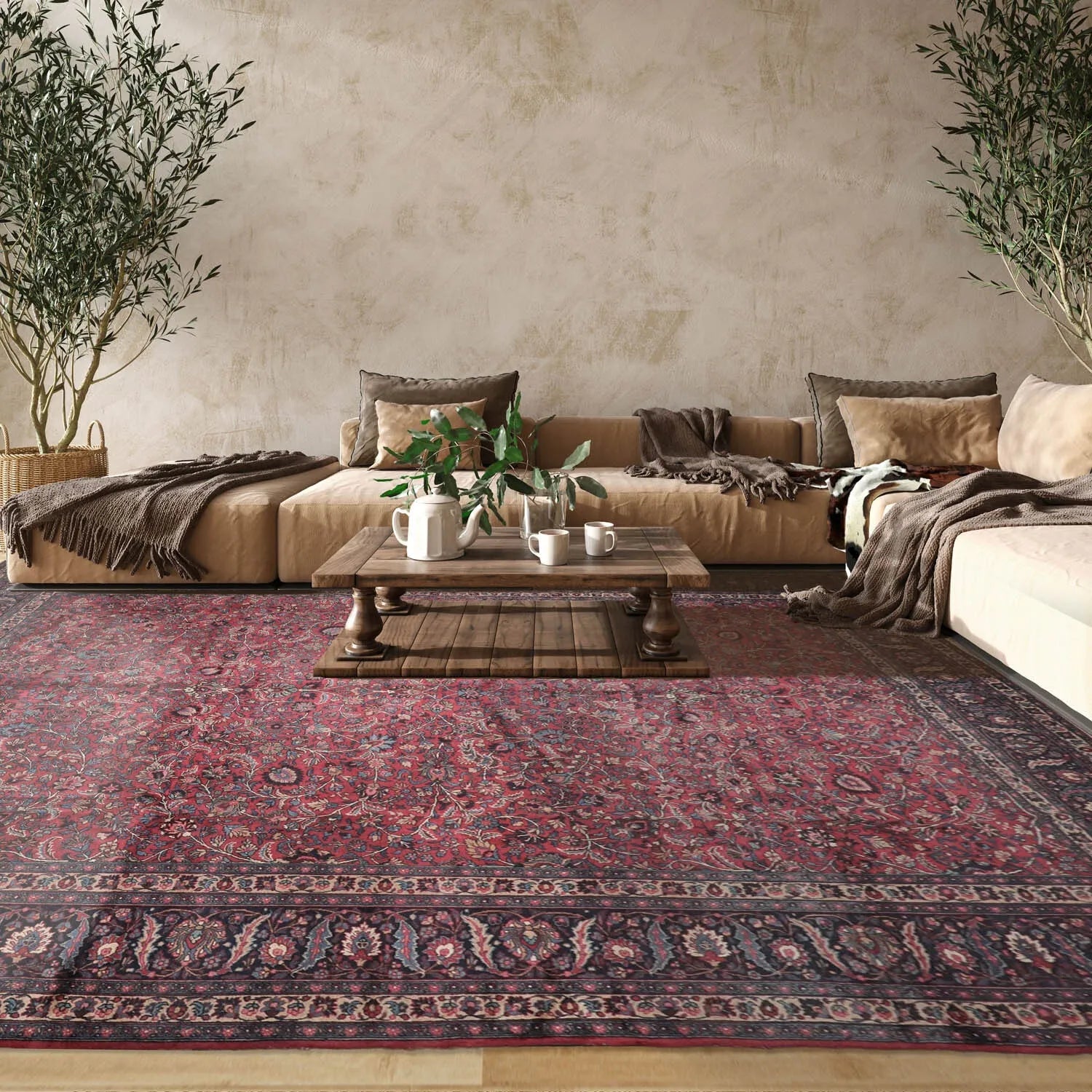 12' 4''x16' 7'' Palace Burgundy, Midnight Blue Hand Knotted 100% Wool Mashad Traditional Oriental Area Rug - Concordia Style Boutique