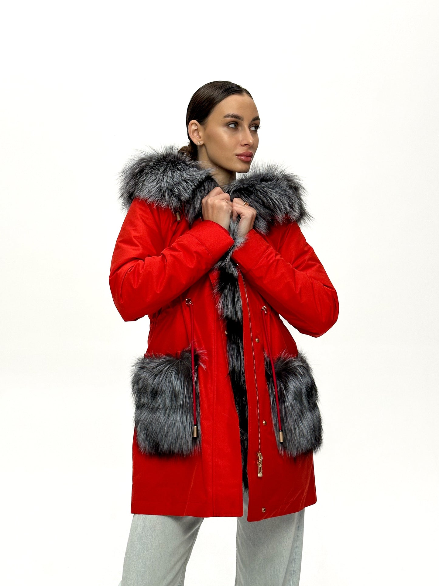 Roma Genuine Silver Fox Fur Rabbit Fur Insulated Parka in Red