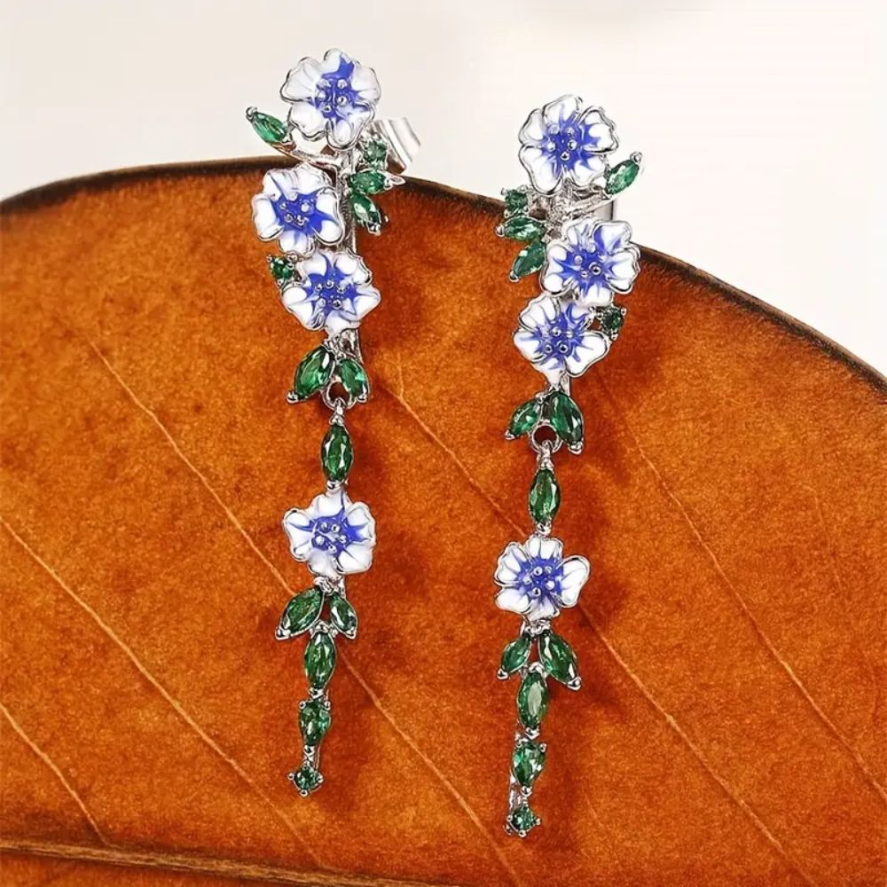 BLUE FLOWER CHAIN EARRINGS (PAIR) - Concordia Style Boutique