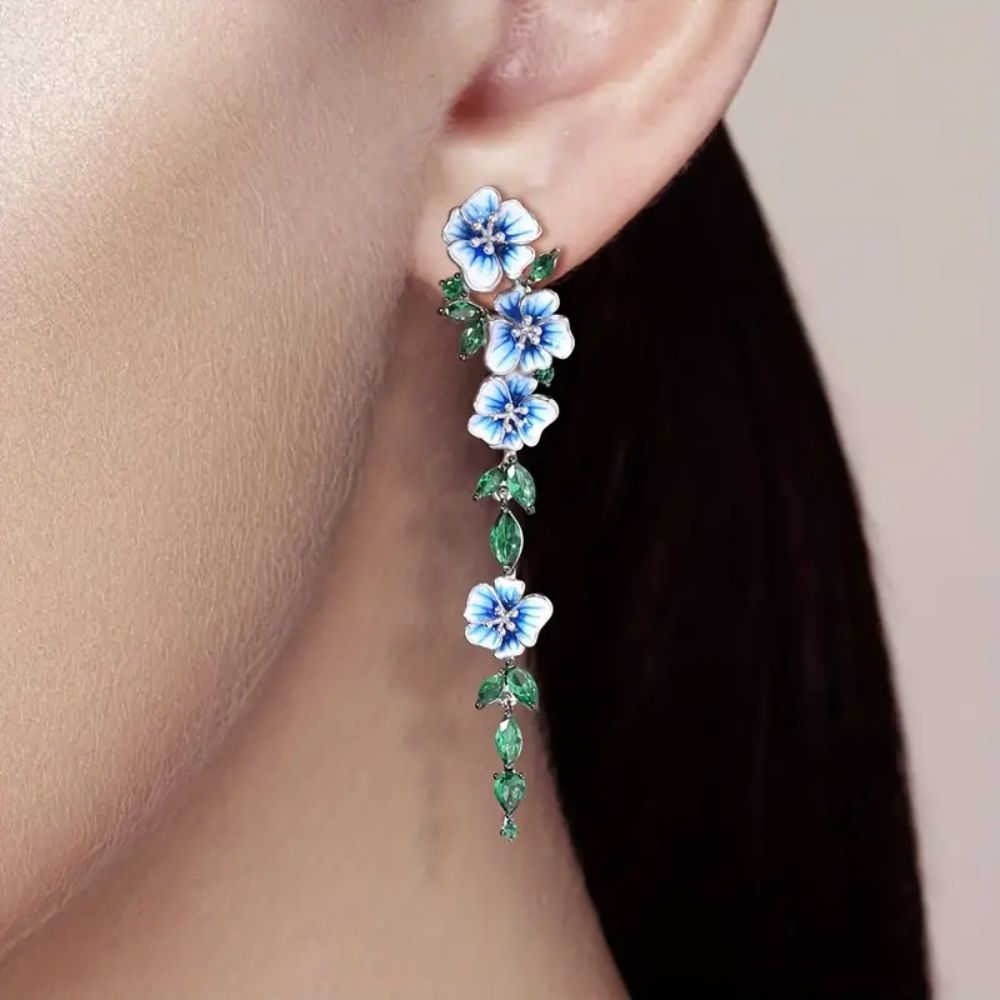 BLUE FLOWER CHAIN EARRINGS (PAIR) - Concordia Style Boutique