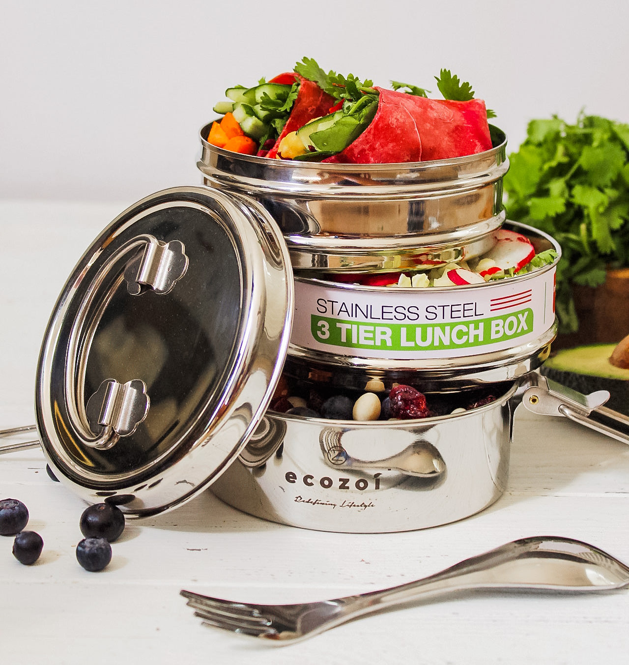 Stainless Steel Lunch Box, 3 Tier Round with Spork, 40 Oz - Concordia Style Boutique
