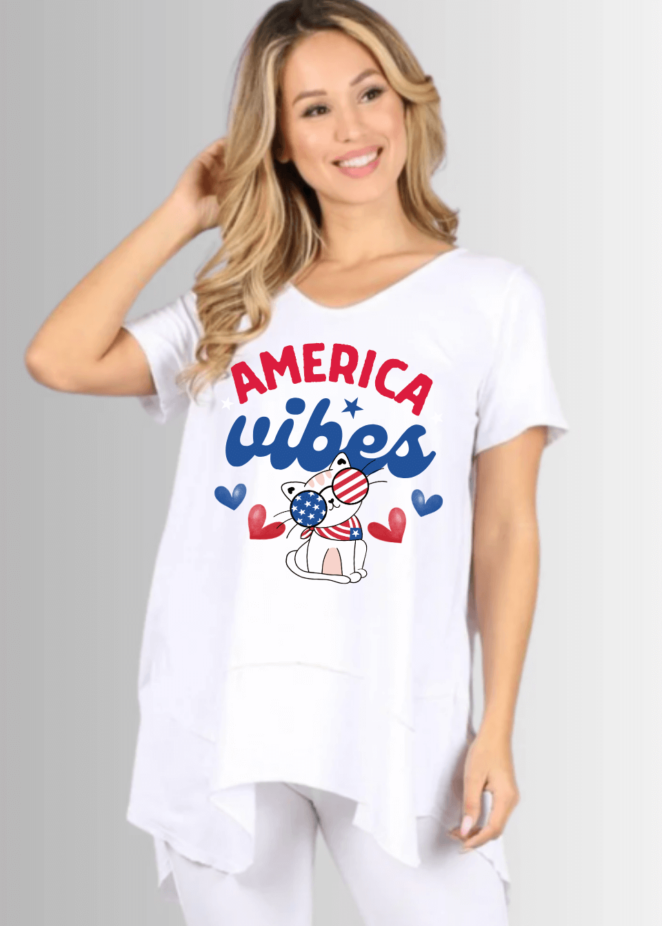 Cool Cat America Vibes Graphic Shark Bite Hem Tee - Concordia Style Boutique