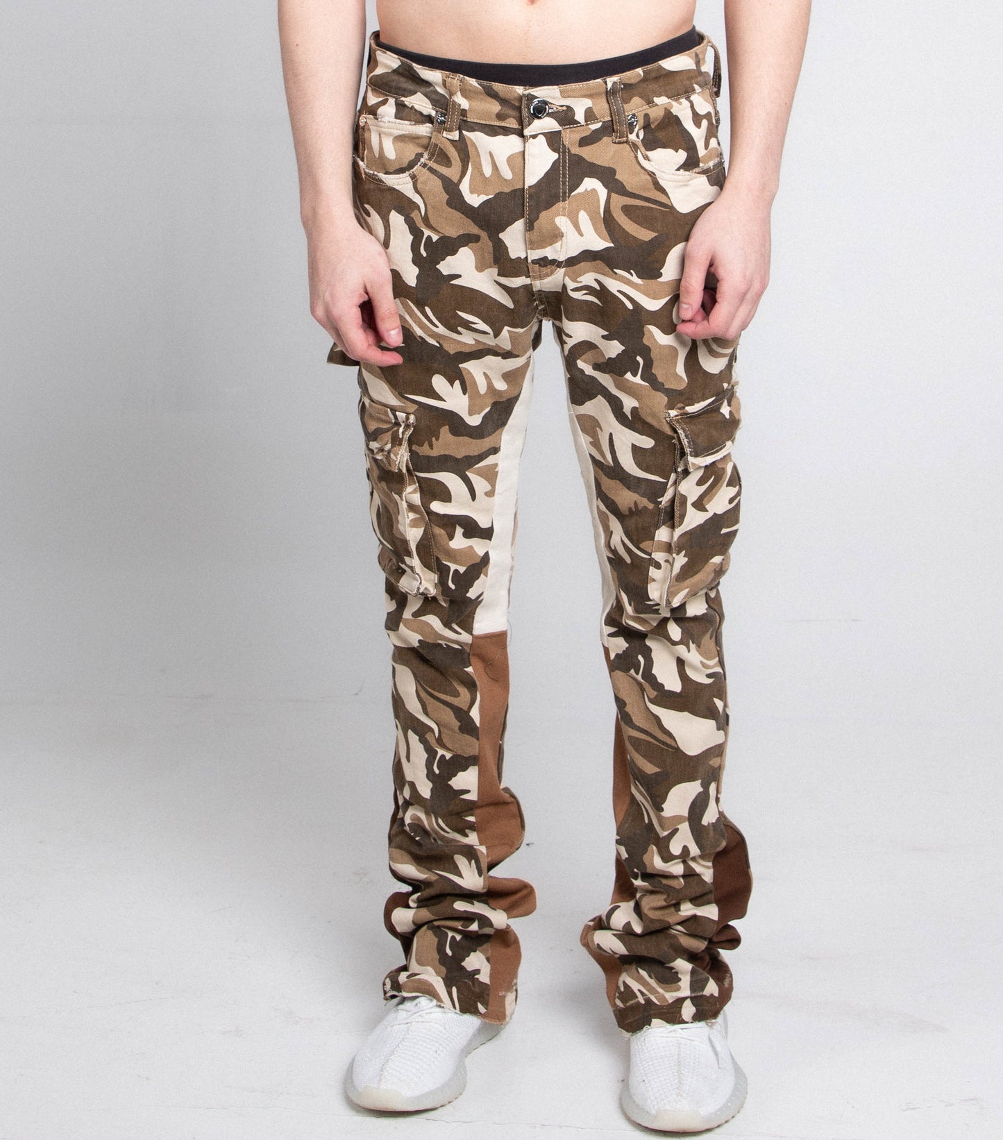 AJS699-11 BROWN CAMO STACKED PANTS