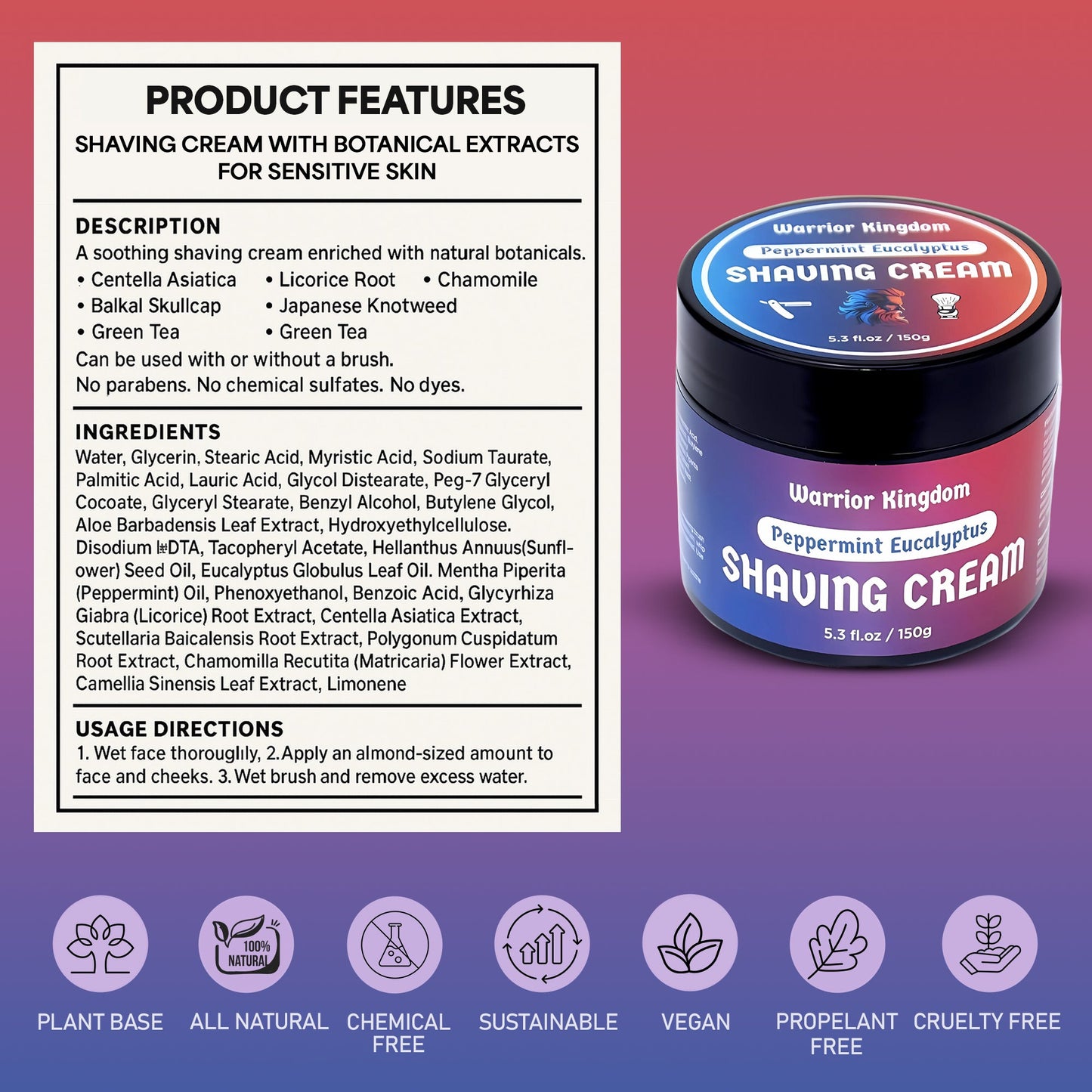 Warrior Kingdom Shaving Cream - Peppermint Eucalyptus for sensitive skin Vegan Paraben free - Concordia Style Boutique