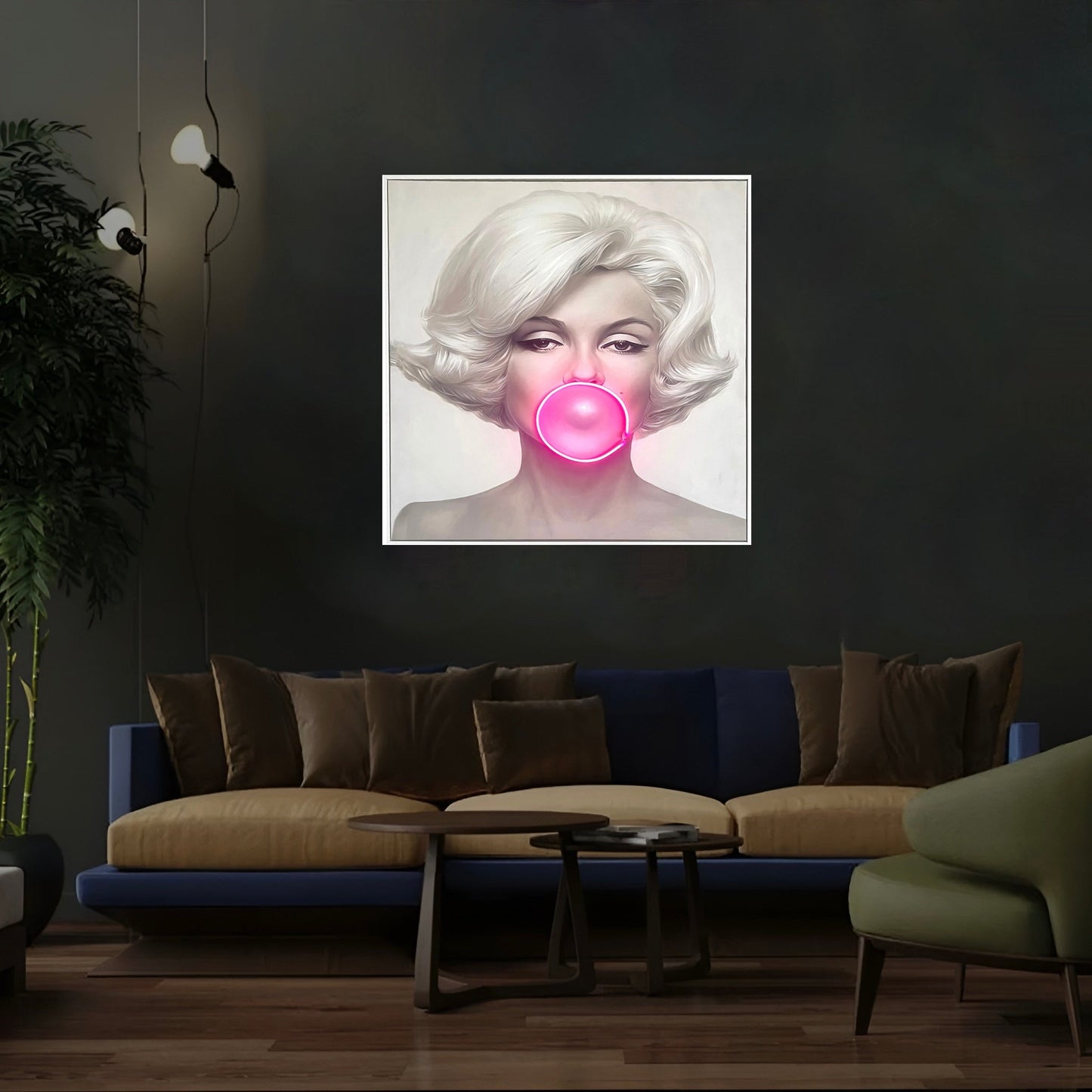 Marilyn Monroe Bubble Gum LED Wall Art – Pink LED Canvas with Bubble Accent