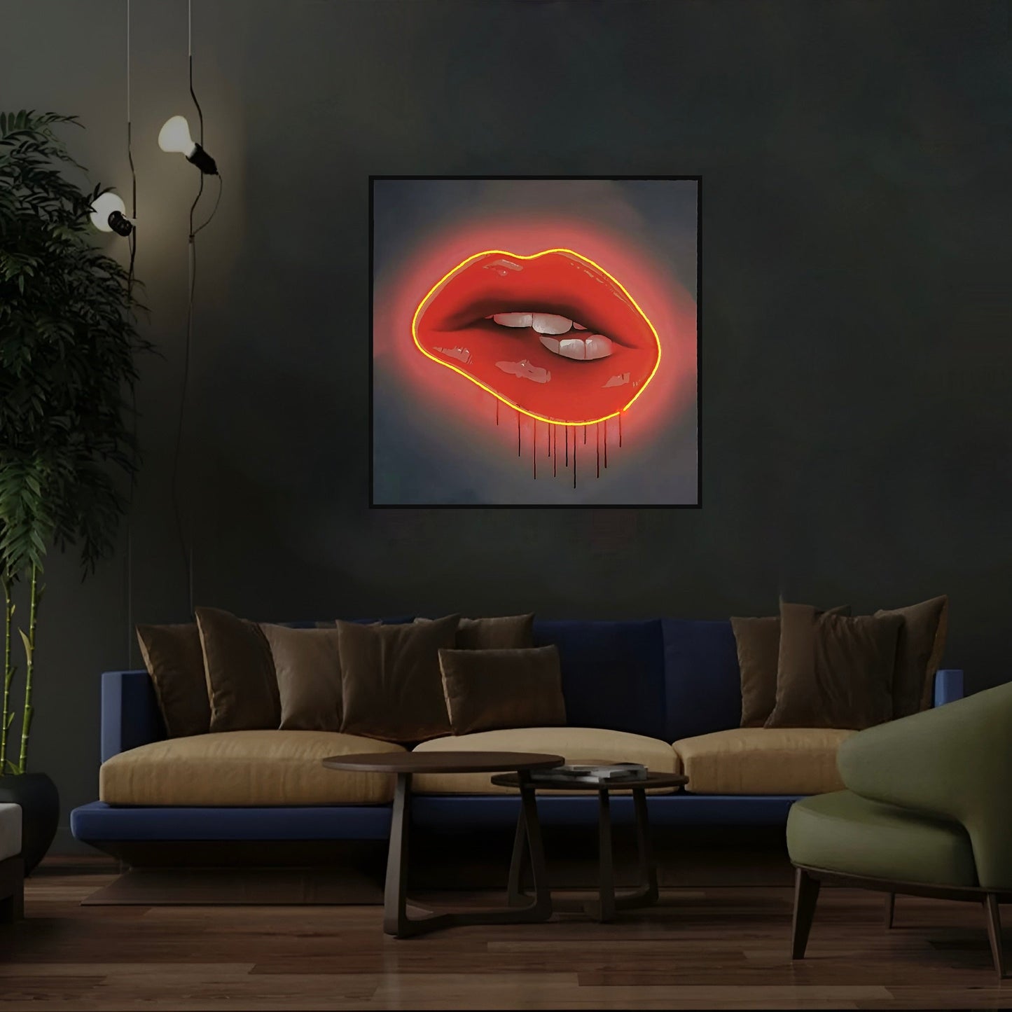 Red Lips LED Wall Art | Lip Biting Red LED Canvas with Paint Drip