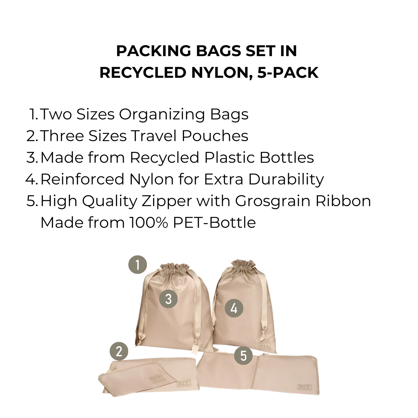 Packing Bags Set in Recycled Nylon, 5-pack, Taupe - Concordia Style Boutique