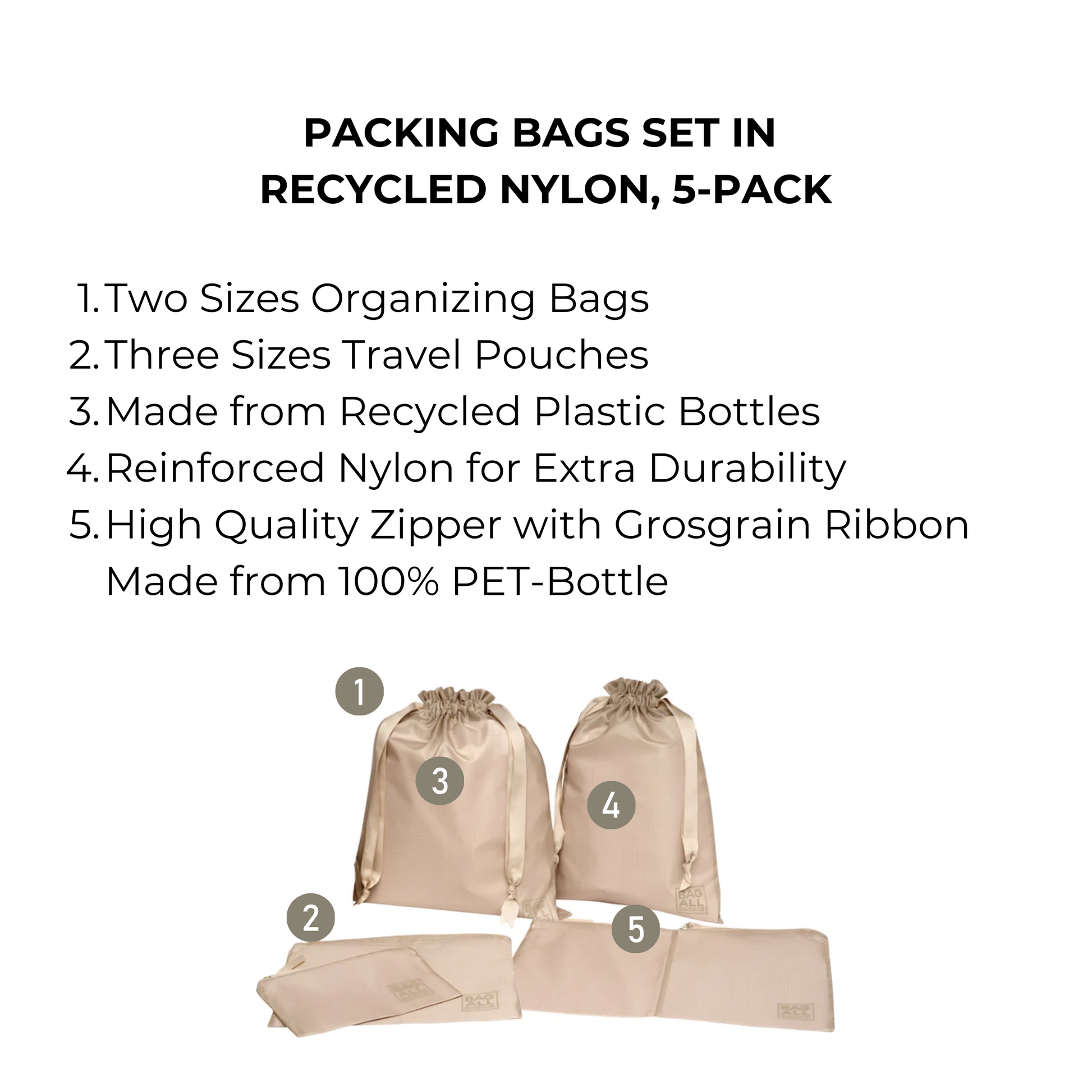 Packing Bags Set in Recycled Nylon, 5-pack, Taupe - Concordia Style Boutique