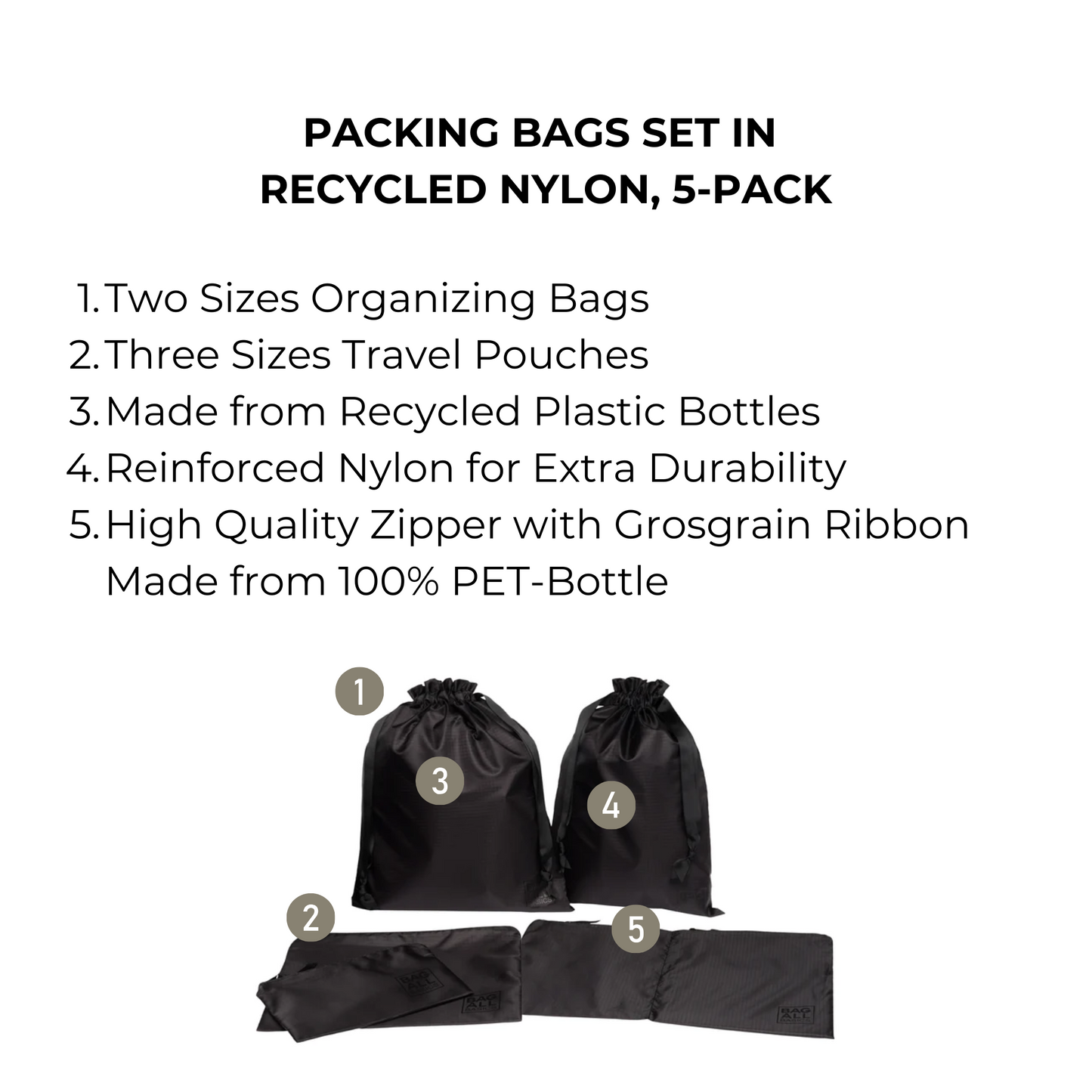 Packing Bags Set in Recycled Nylon, 5-pack, Black - Concordia Style Boutique