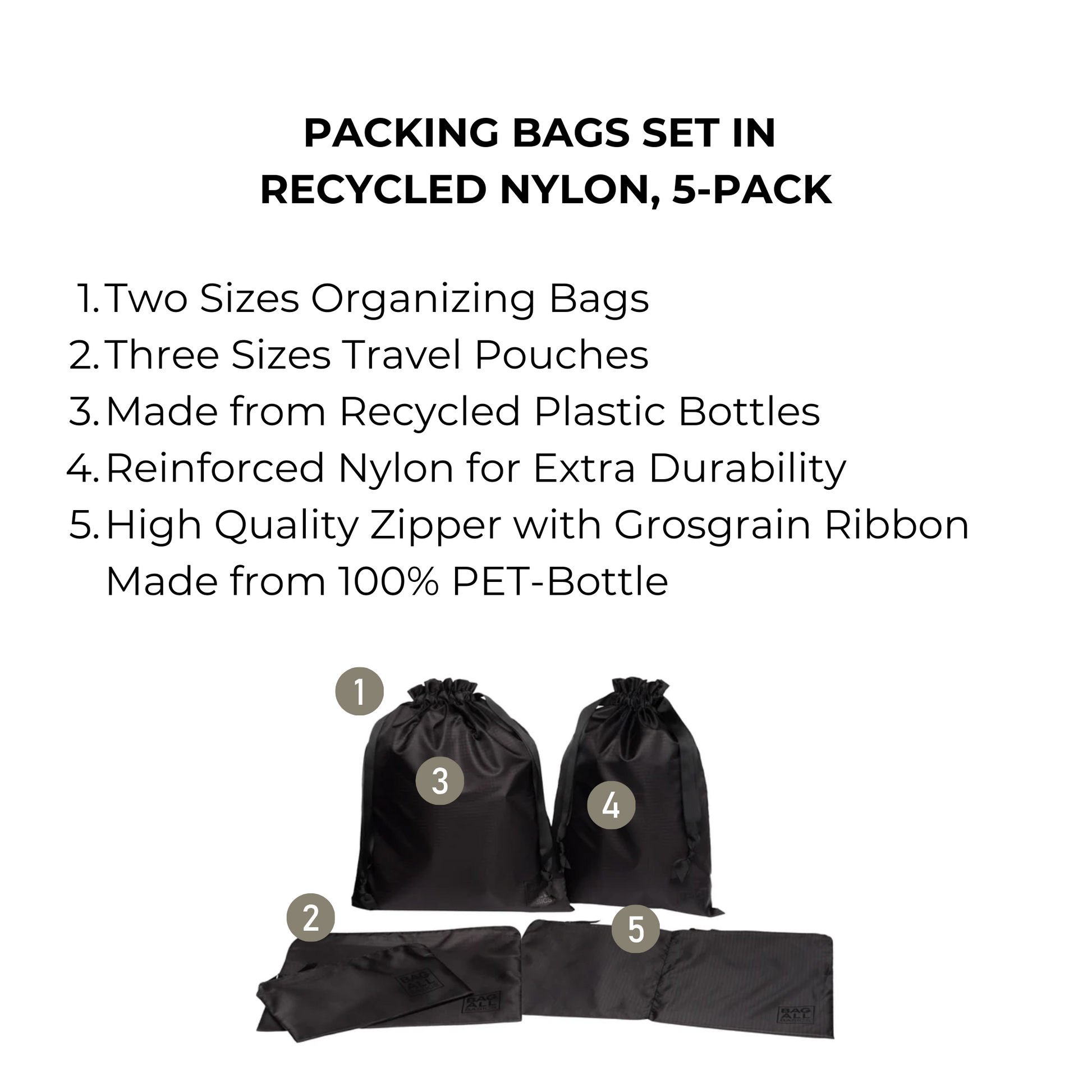 Packing Bags Set in Recycled Nylon, 5-pack, Black - Concordia Style Boutique