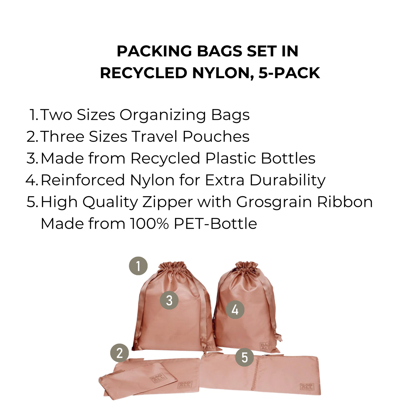 Packing Bags Set in Recycled Nylon, 5-pack, Pink/Blush - Concordia Style Boutique