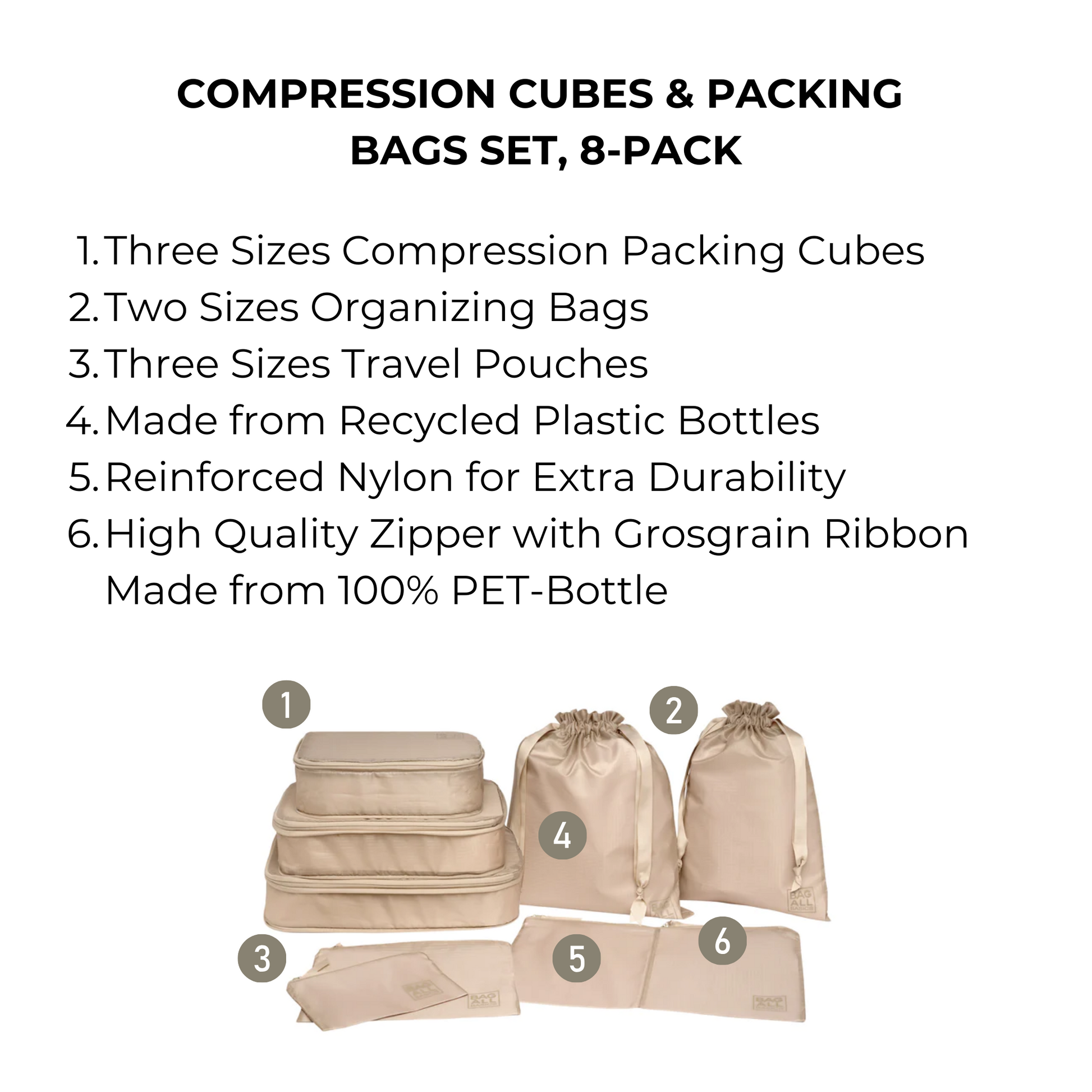 Compression Cubes & Packing Bags Set, 8-pack, Taupe - Concordia Style Boutique