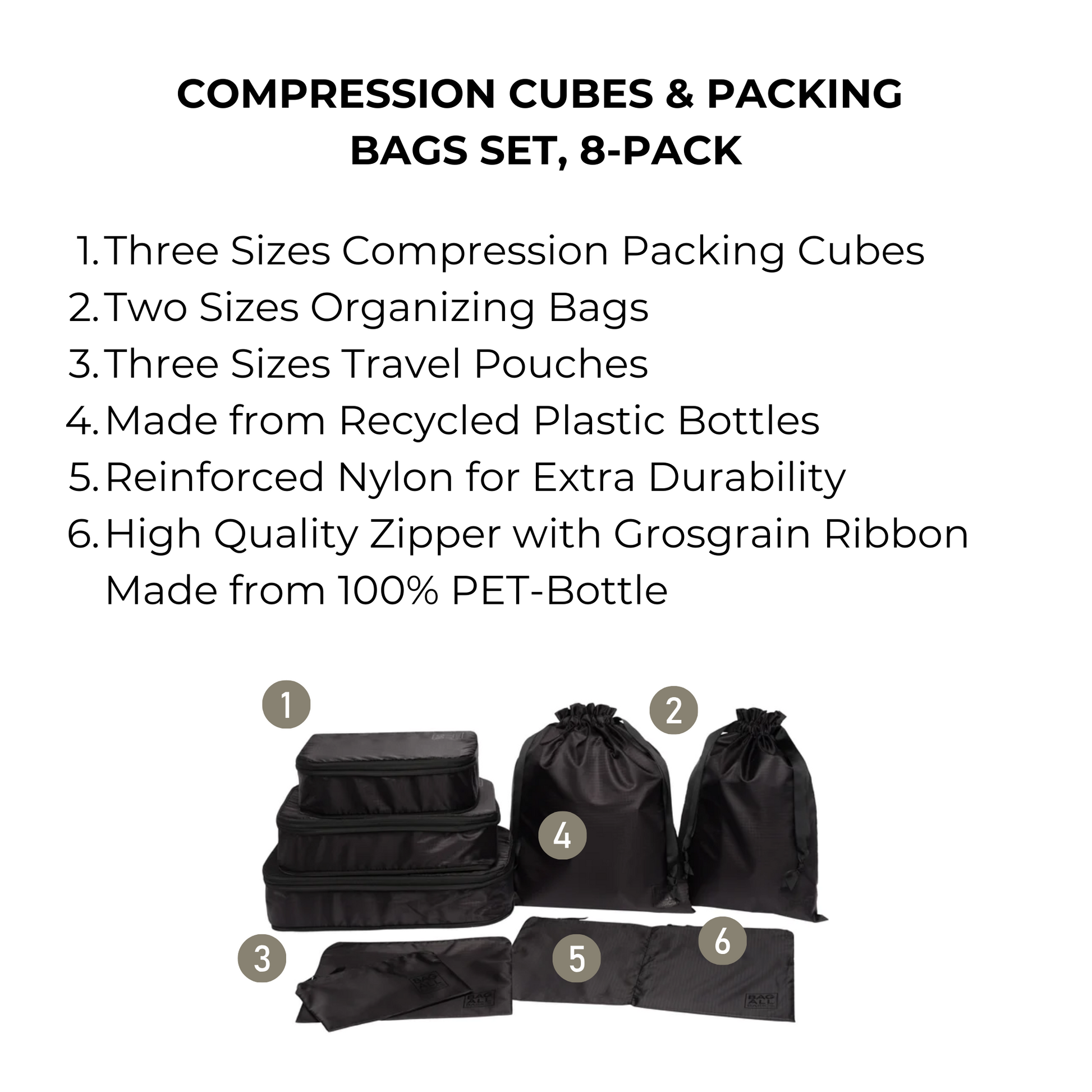 Compression Cubes & Packing Bags Set, 8-pack, Black - Concordia Style Boutique