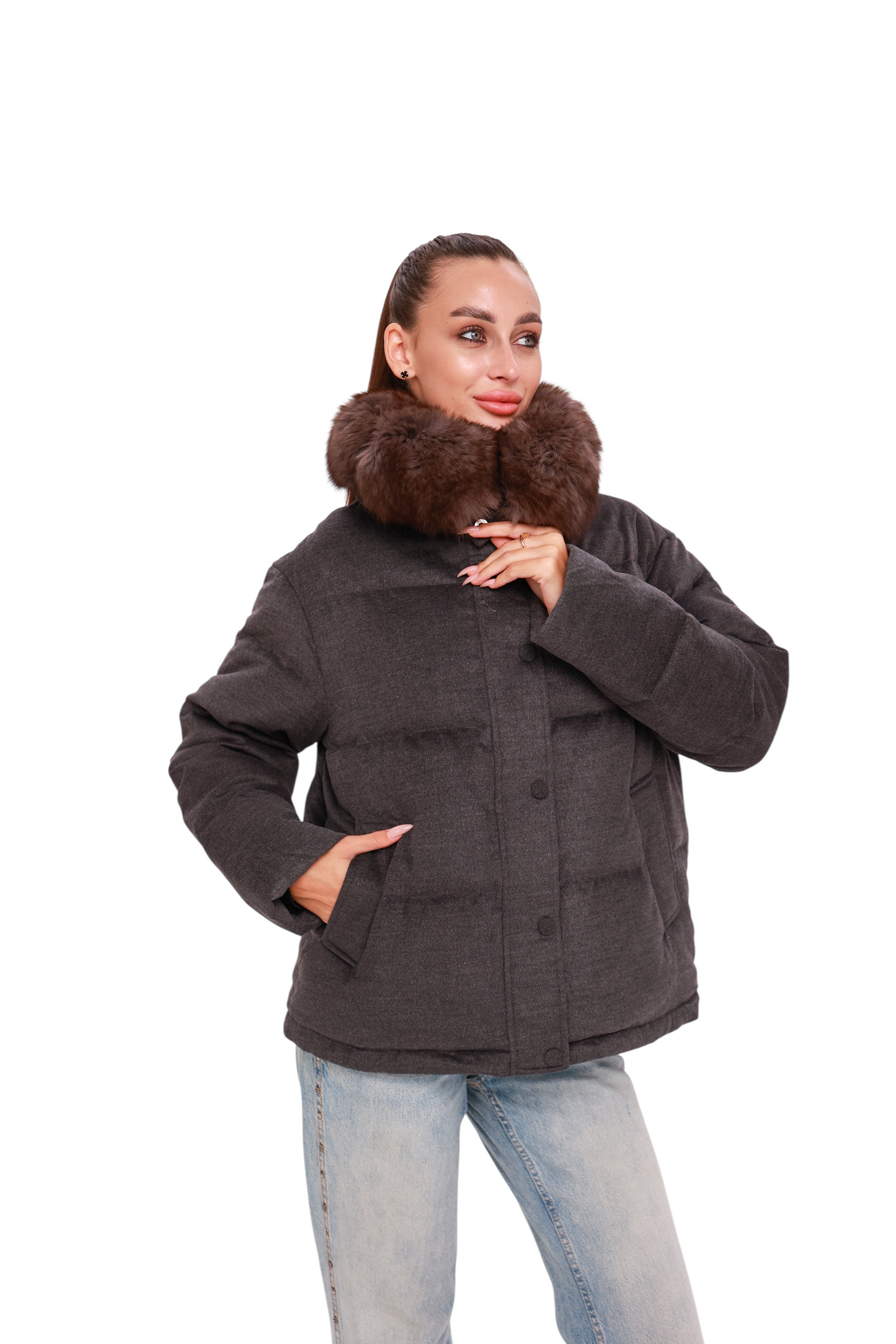 Elisa Genuine Polar Fox Fur Cashmere Effect Down Coat