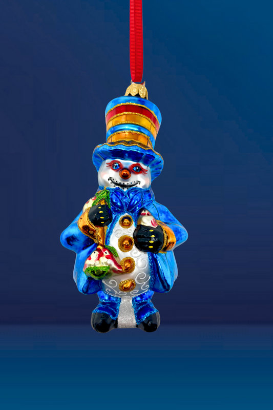 Blue Christmas Snowman Glass Ornament